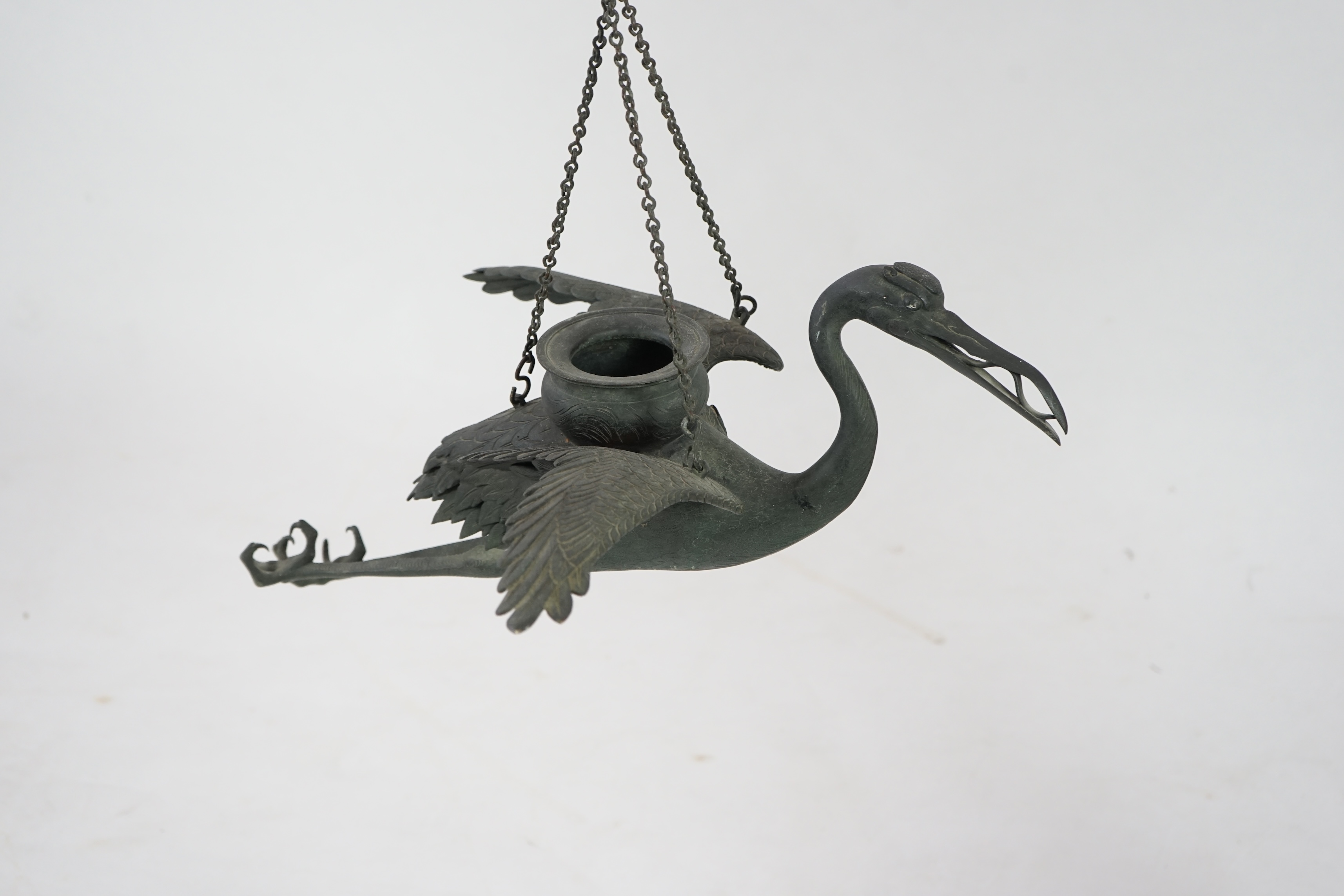 A large Japanese bronze ‘crane’ hanging lamp, 19th century